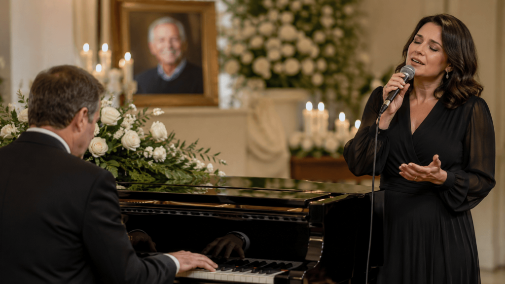 Canción personalizada para funeral con voz y piano Cantante y pianista interpretando música en directo durante una despedida con retrato conmemorativo, flores blancas y velas