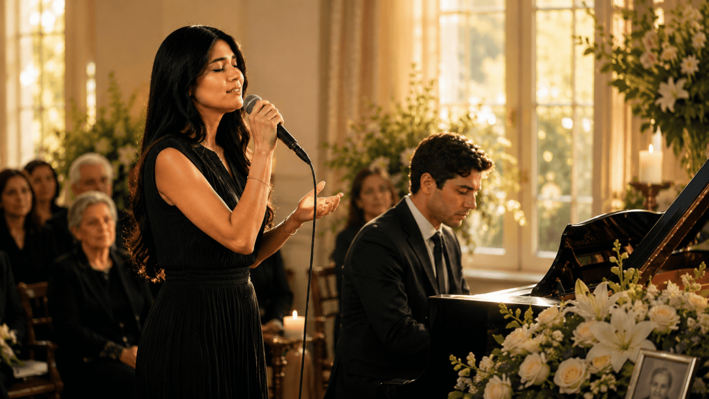 Música alegre en una ceremonia de despedida Cantante y pianista interpretando música alegre durante una ceremonia de despedida con familiares, flores blancas y luz cálida