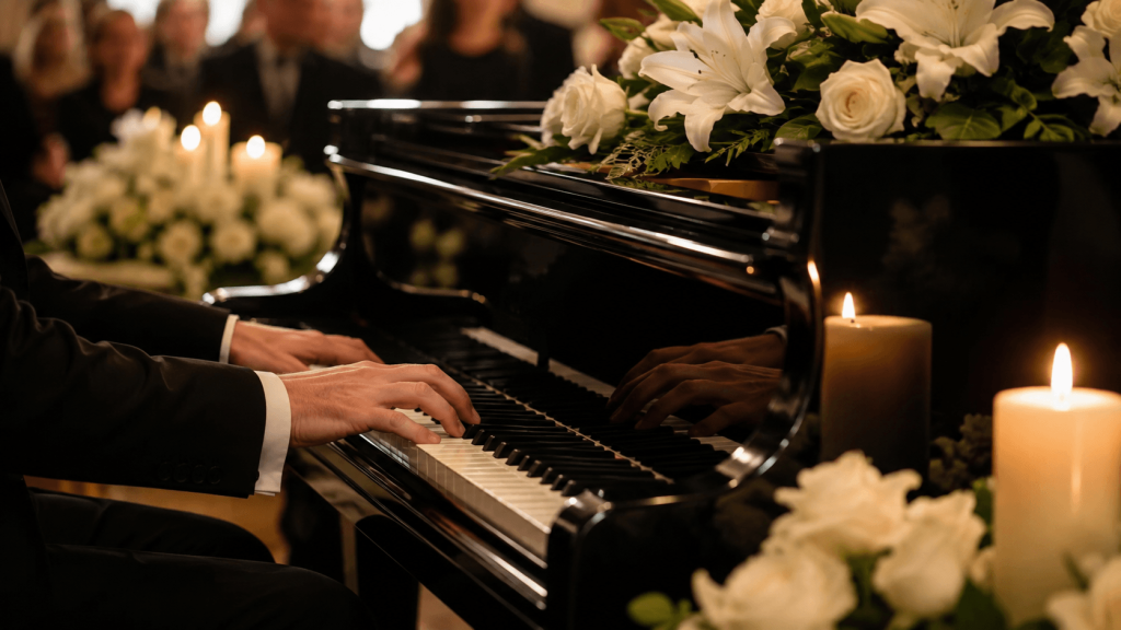 Pianista interpretando música en directo en un funeral Manos de un pianista interpretando música en directo durante un funeral, rodeado de flores blancas, velas y familiares