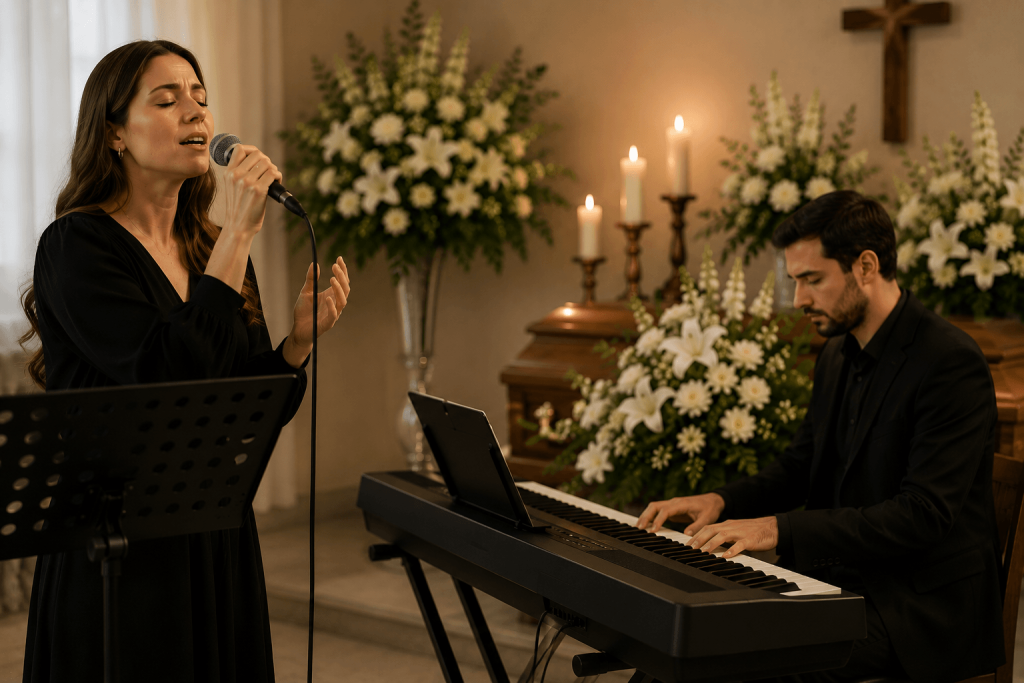Música en directo para funerales con voz y teclado Cantante y teclista interpretando música en directo durante un funeral con flores blancas y velas