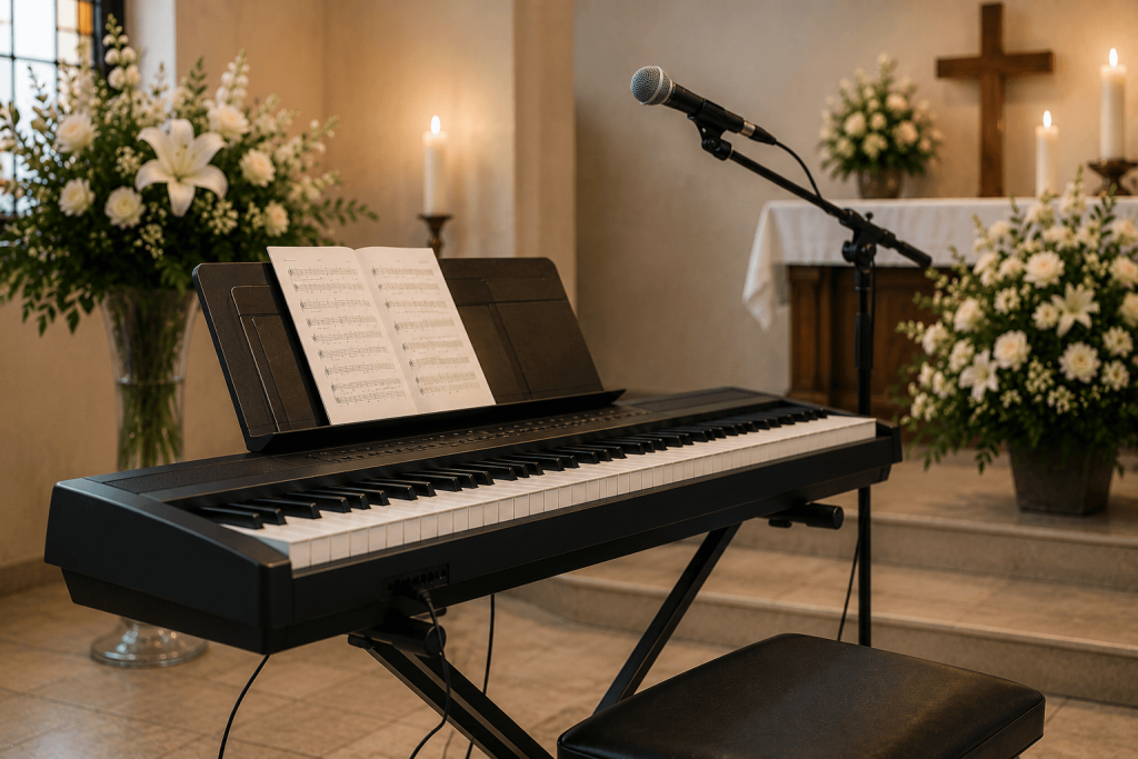 Teclado profesional adaptable para música en funerales Teclado profesional con partituras y micrófono preparado para una ceremonia de despedida en una iglesia