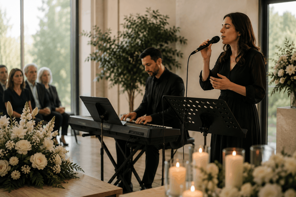 Cantante y teclista en un funeral civil Cantante y teclista interpretando música en directo durante una ceremonia civil de despedida con familiares, flores y velas