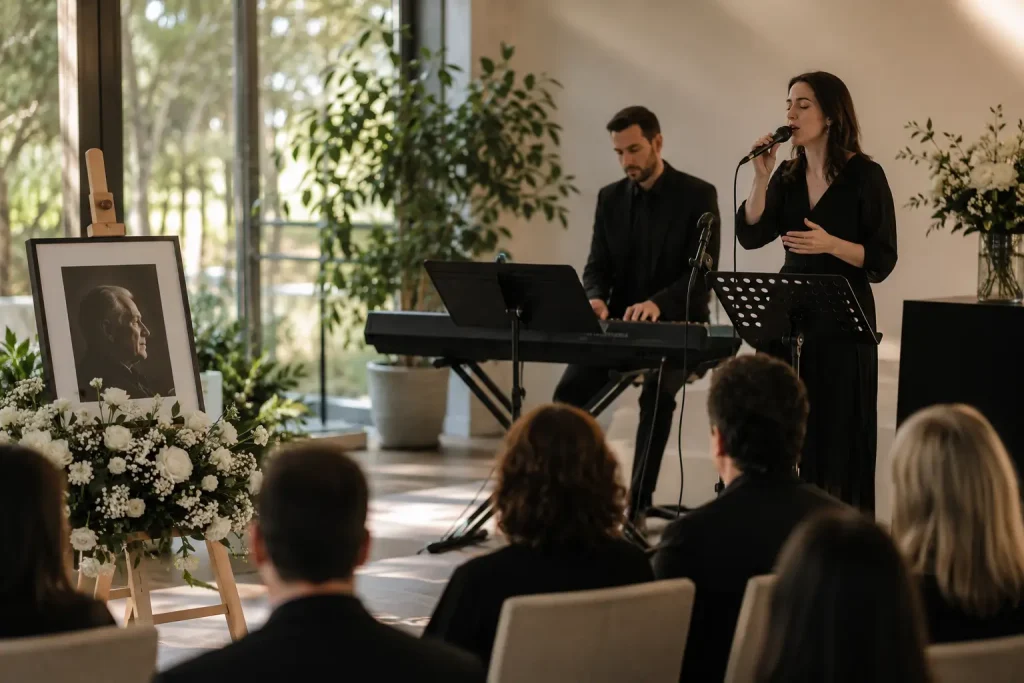 Música en directo para un funeral civil Texto alternativo: Cantante y teclista interpretando música en directo durante una ceremonia civil de despedida con familiares y flores blancas