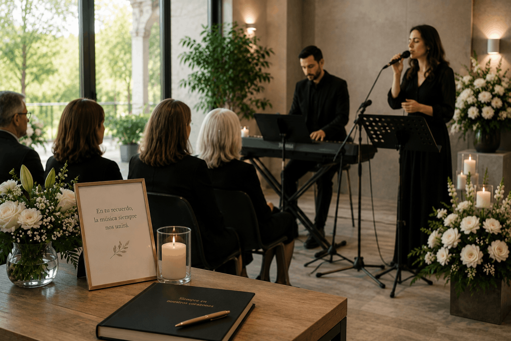 Homenaje musical en una ceremonia civil de despedida Ceremonia civil con cantante, teclista, familiares, flores blancas, velas y libro de recuerdos