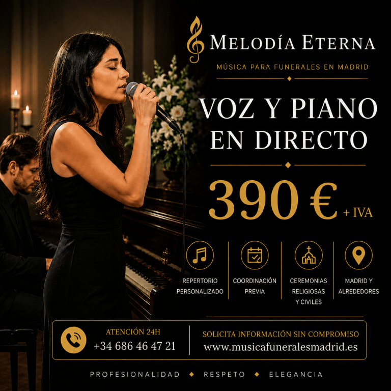 Contratar música para funerales en Madrid | Melodía Eterna Servicio profesional de música para funerales en Madrid con cantante y pianista de Melodía Eterna